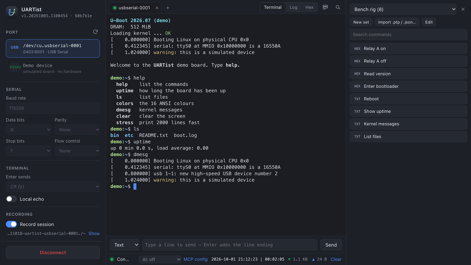 The commands panel: saved commands as buttons